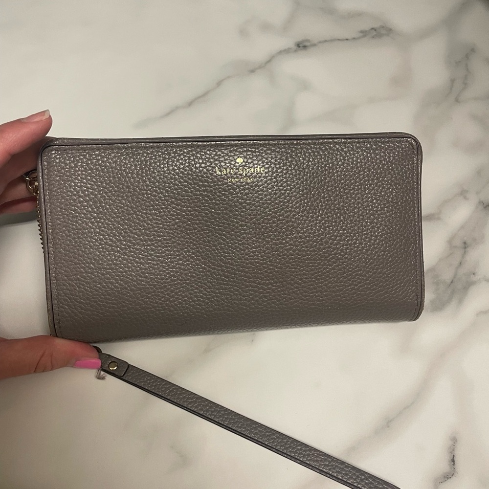 Large Kate Spade Gray Leather Wallet with Wristlet Attachment